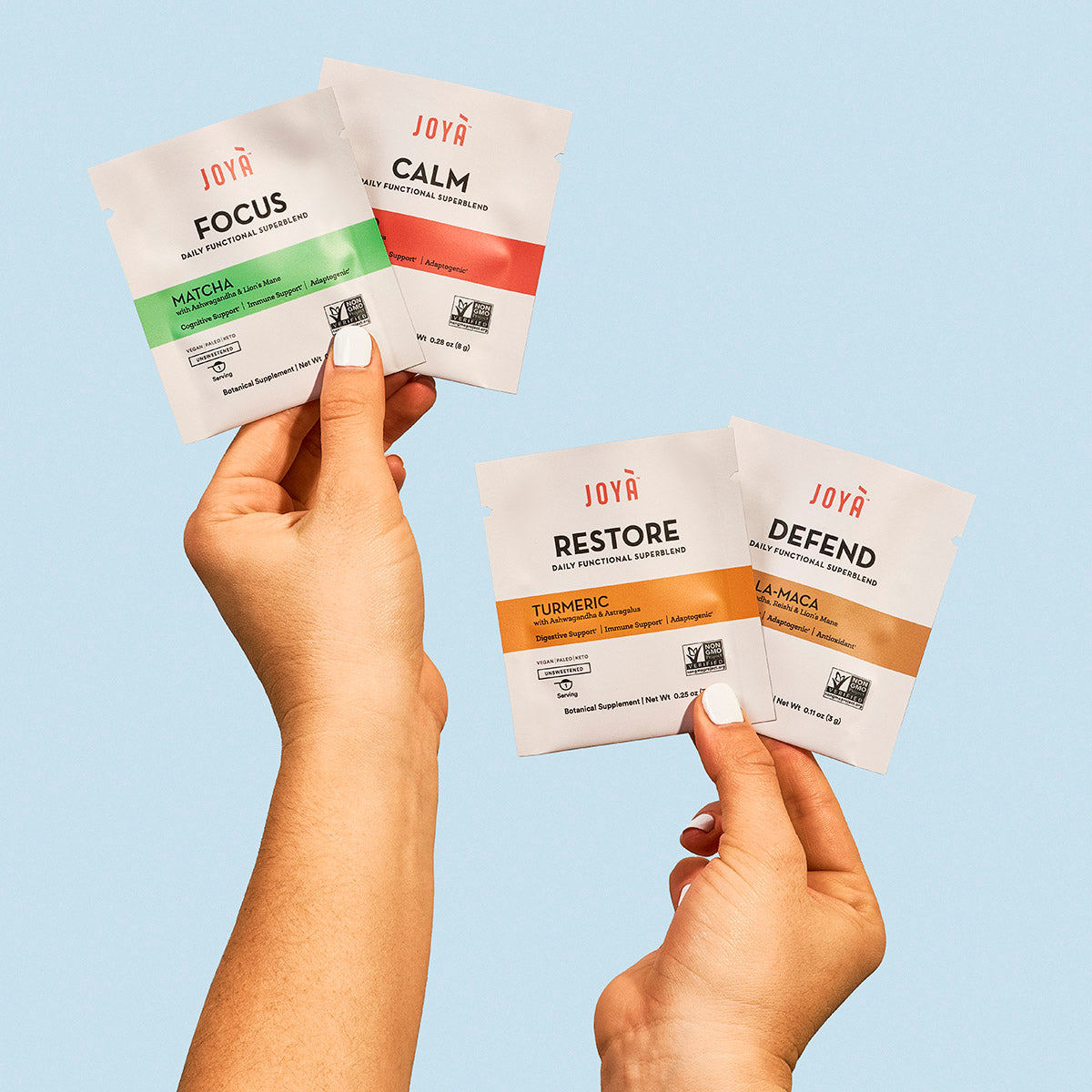 Focus, Calm, Restore and Defend Superblend single serving pouches