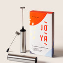 JOYÀ handheld rechargeable milk frother and blender with travel case.