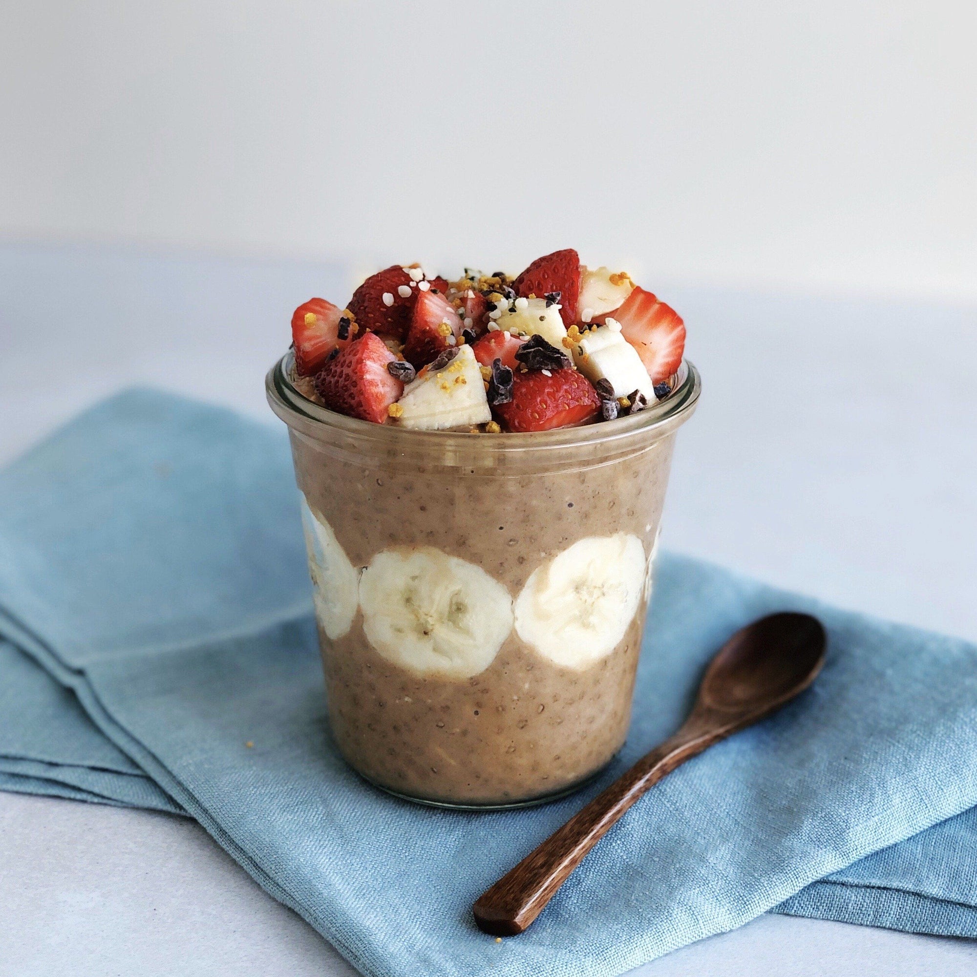 Vegan and paleo tahini-cocoa overnight oat and chia pudding made with JOYÀ Bliss elixir