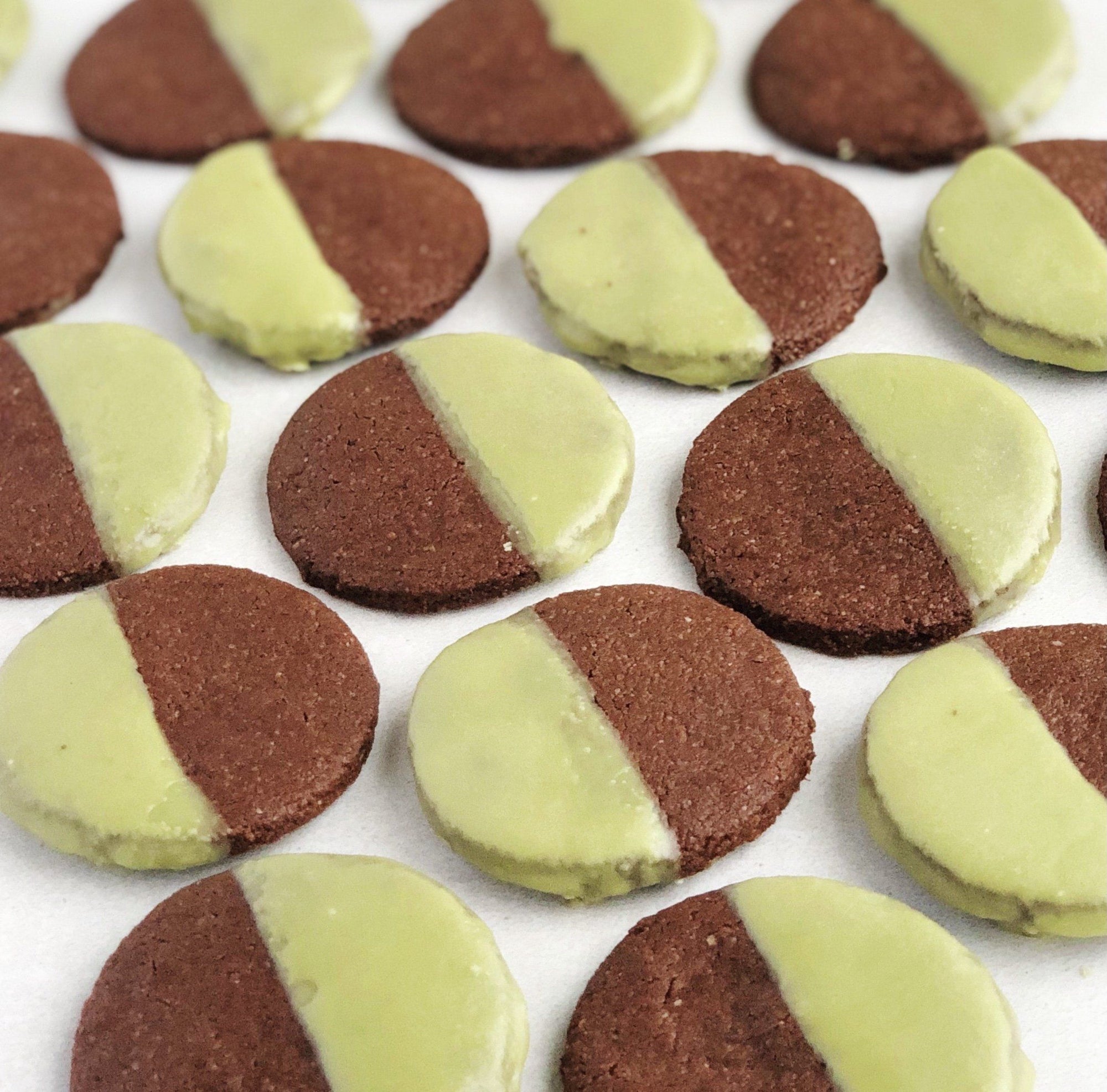 A tray full of JOYA's Matcha Mint Chocolate Cookies