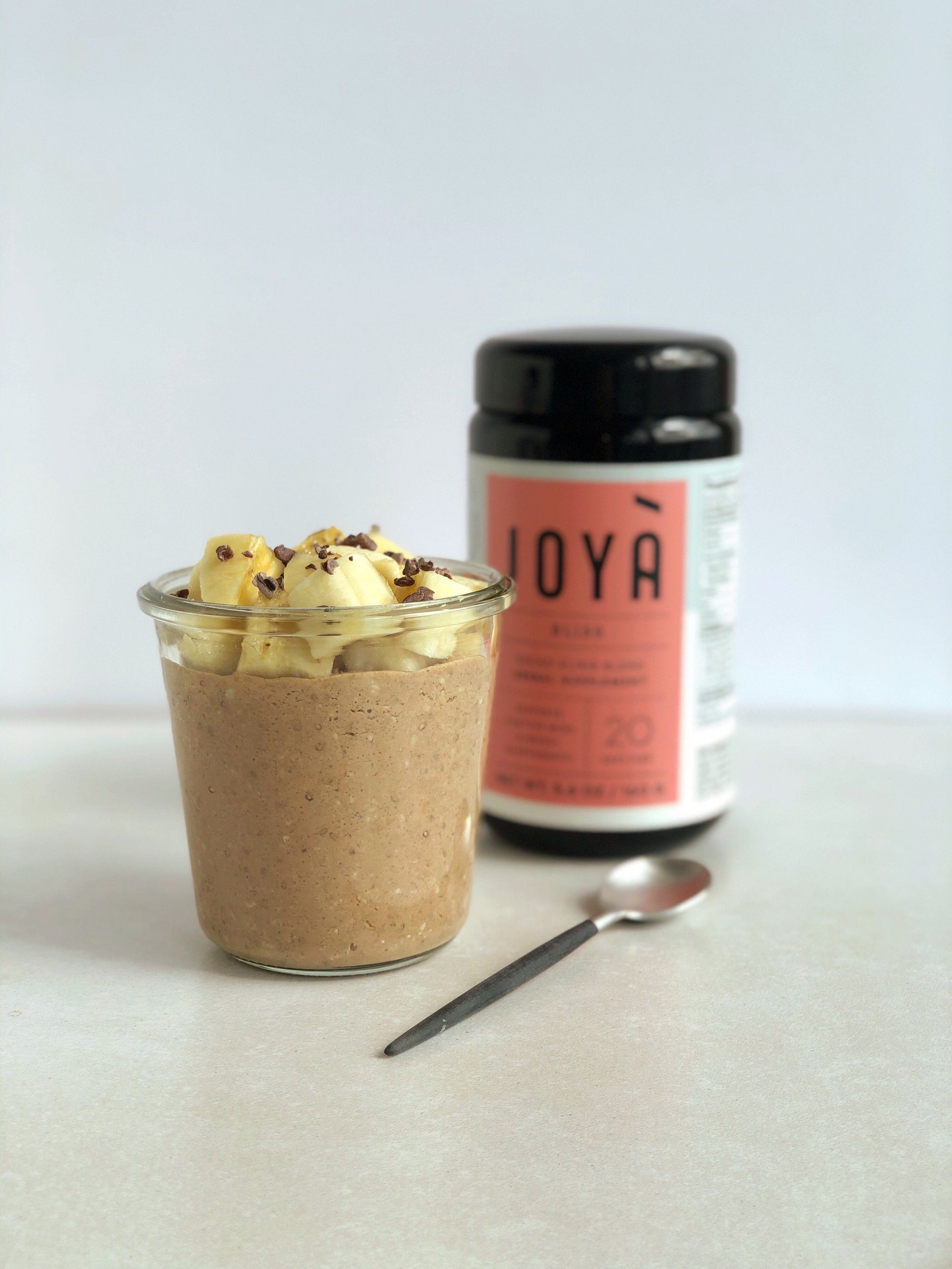 chunky monkey overnight oats featuring JOYA Bliss cacao elixir