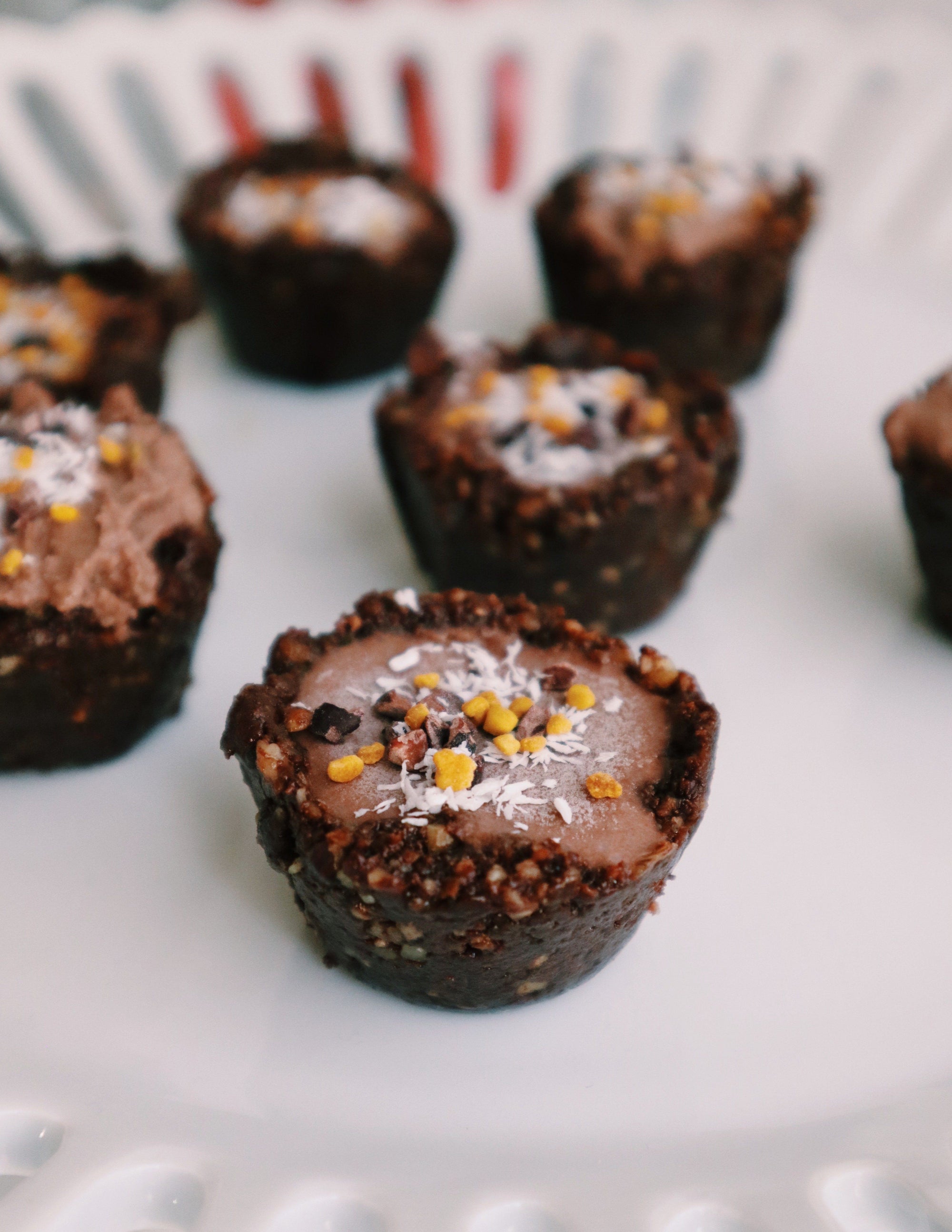 Raw chocolate tart with JOYA Bliss, bee pollen, coconut and cacao nibs