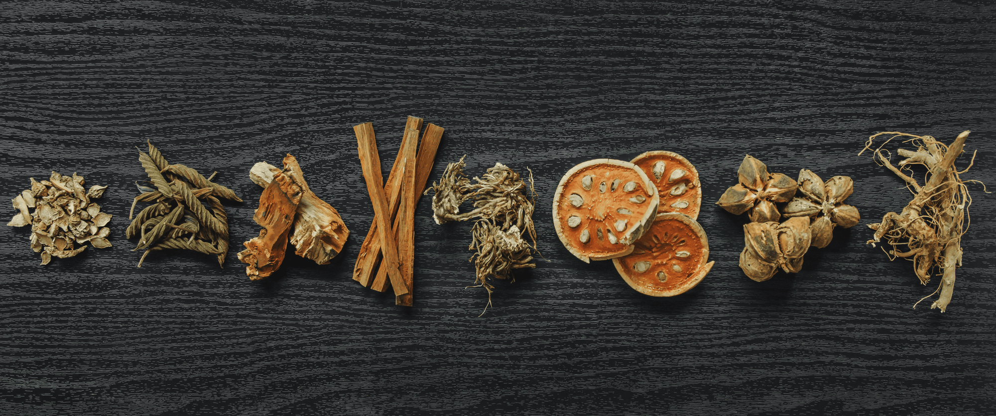 Dried herbs and spices in a line against a dark background.