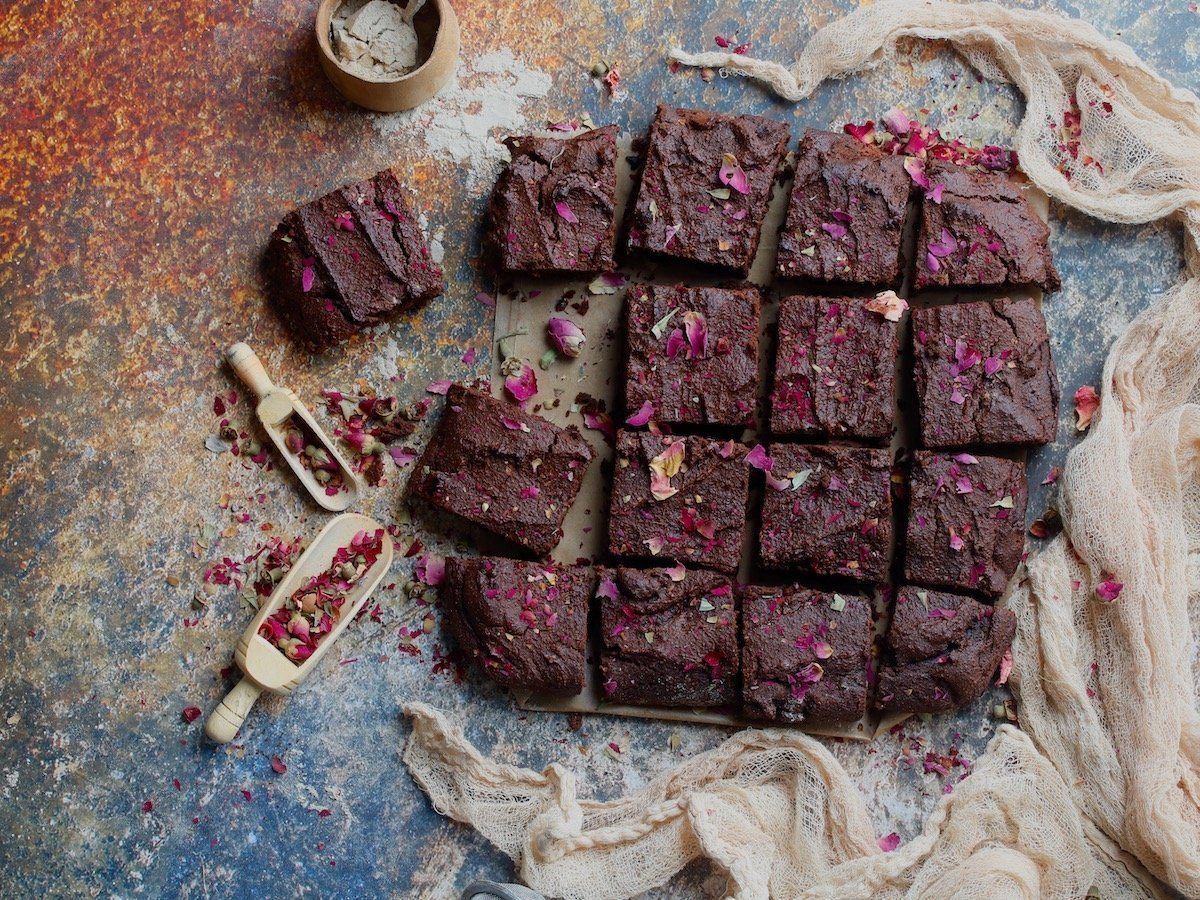 rose brownies shot from above with pink rose extract