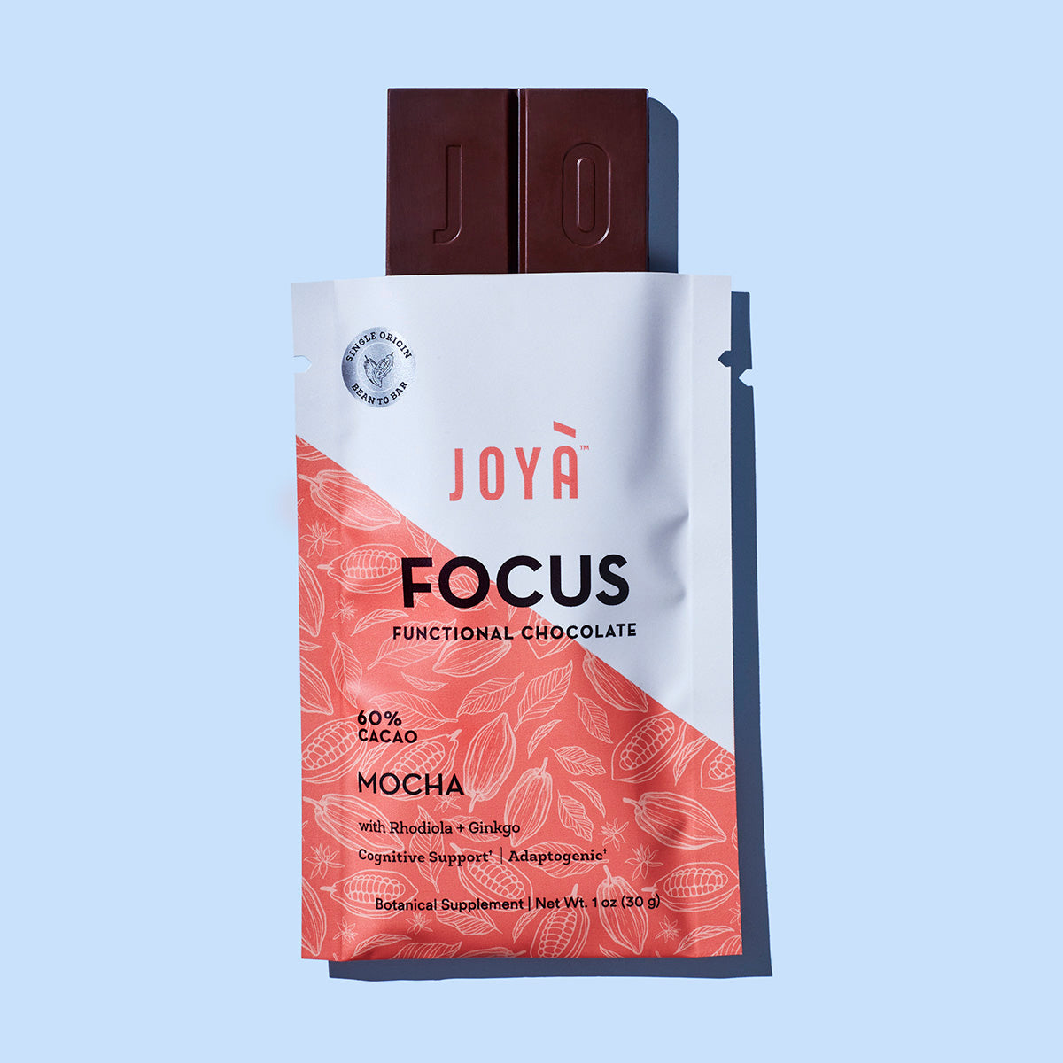 Focus Functional Chocolate sitting on a blue tabletop