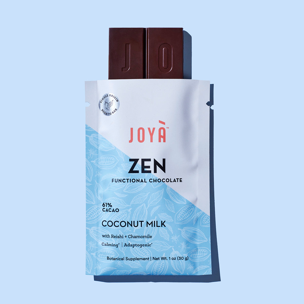 Zen Functional Chocolate sitting on a blue tabletop